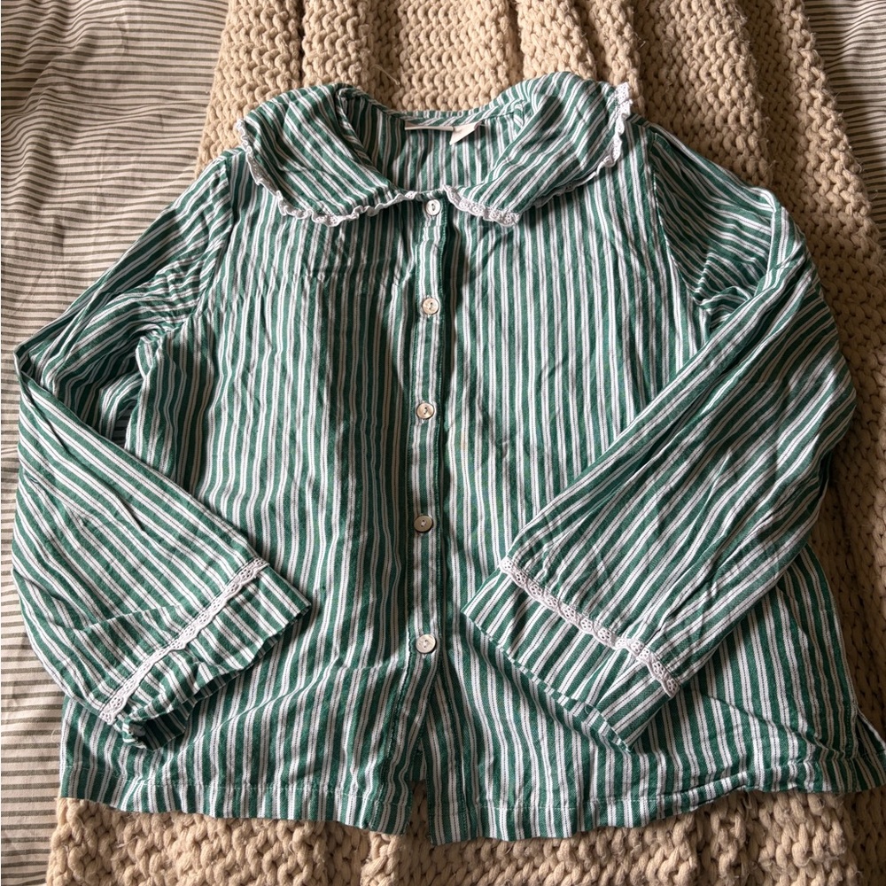 Elegant Green Striped Women's Pajama Top with Lace Accents and bottoms